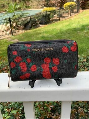 Michael Kors Black Wallet with Red Floral Print NWOT